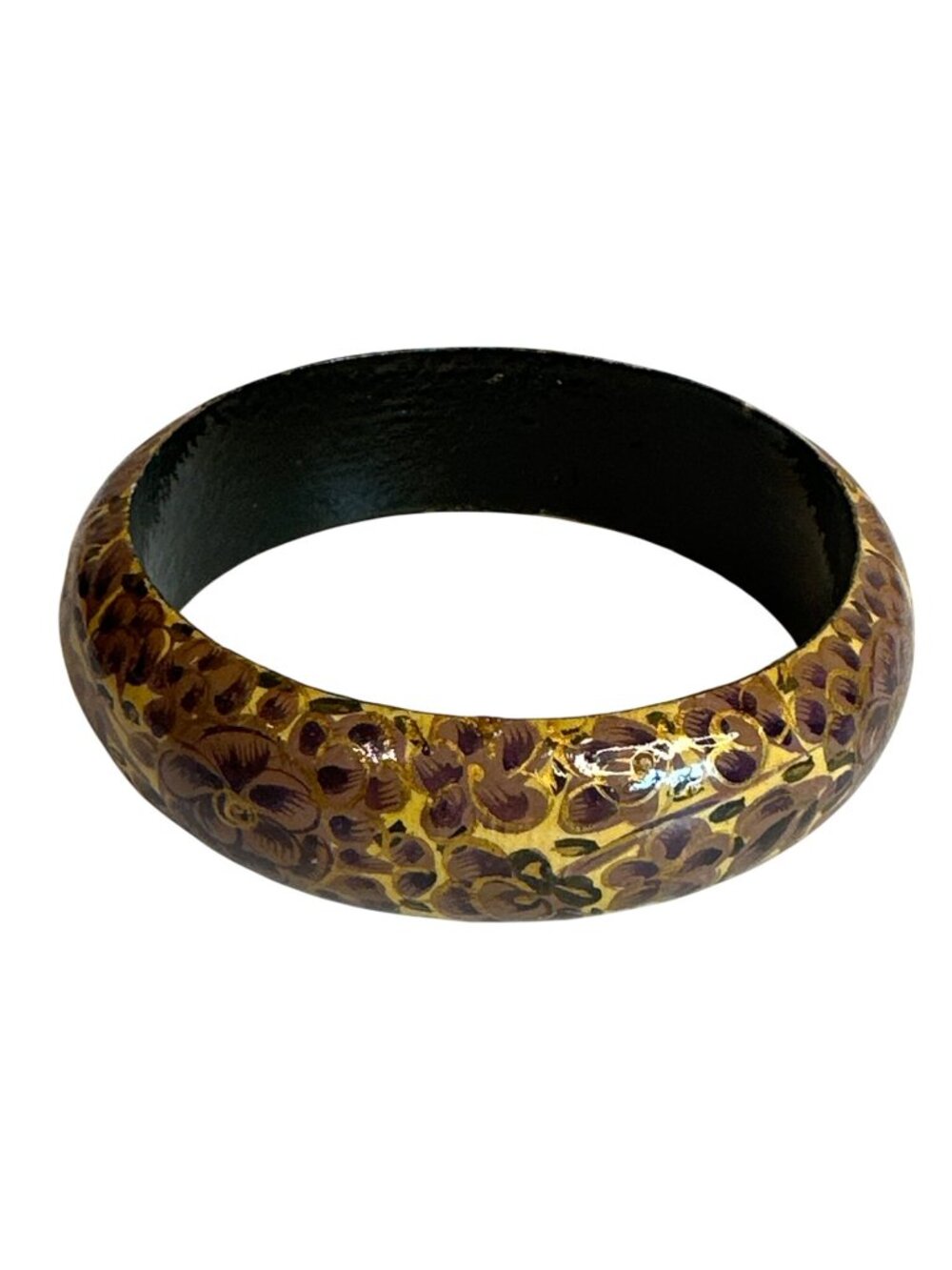 Vintage Hand-Painted Floral Wooden Bangle Bracelet Yellow & Purple Cottage Core